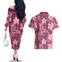 Pink Hawaii Plumeria With Tropical Flowers Motifs Couples Matching Off The Shoulder Long Sleeve Dress and Hawaiian Shirt