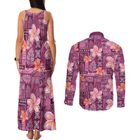 Pink Hawaii Plumeria With Tropical Flowers Motifs Couples Matching Tank Maxi Dress and Long Sleeve Button Shirt