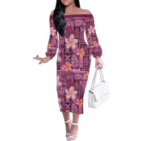 Pink Hawaii Plumeria With Tropical Flowers Motifs Family Matching Off The Shoulder Long Sleeve Dress and Hawaiian Shirt
