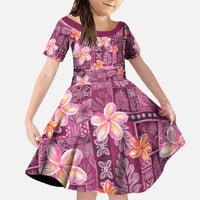 Pink Hawaii Plumeria With Tropical Flowers Motifs Family Matching Short Sleeve Bodycon Dress and Hawaiian Shirt LT14 Daughter's Dress Pink - Polynesian Pride