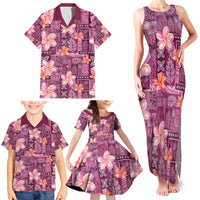 Pink Hawaii Plumeria With Tropical Flowers Motifs Family Matching Tank Maxi Dress and Hawaiian Shirt