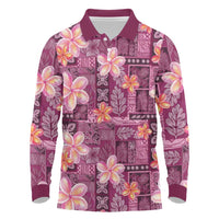Pink Hawaii Plumeria With Tropical Flowers Motifs Long Sleeve Polo Shirt LT14 Pink - Polynesian Pride