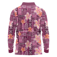 Pink Hawaii Plumeria With Tropical Flowers Motifs Long Sleeve Polo Shirt LT14 - Polynesian Pride