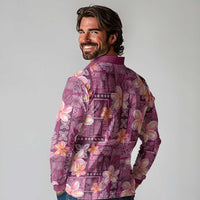 Pink Hawaii Plumeria With Tropical Flowers Motifs Long Sleeve Polo Shirt LT14 - Polynesian Pride