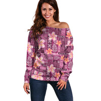 Pink Hawaii Plumeria With Tropical Flowers Motifs Off Shoulder Sweater