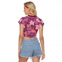 Pink Hawaii Plumeria With Tropical Flowers Motifs Raglan Cropped T Shirt