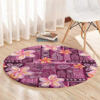 Pink Hawaii Plumeria With Tropical Flowers Motifs Round Carpet