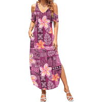Pink Hawaii Plumeria With Tropical Flowers Motifs Summer Maxi Dress