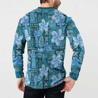 Cyan Hawaii Plumeria With Tropical Flowers Motifs Button Sweatshirt