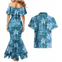 Cyan Hawaii Plumeria With Tropical Flowers Motifs Couples Matching Mermaid Dress and Hawaiian Shirt