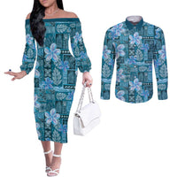 Cyan Hawaii Plumeria With Tropical Flowers Motifs Couples Matching Off The Shoulder Long Sleeve Dress and Long Sleeve Button Shirt