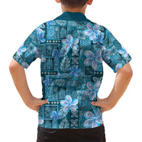 Cyan Hawaii Plumeria With Tropical Flowers Motifs Family Matching Long Sleeve Bodycon Dress and Hawaiian Shirt
