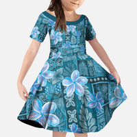 Cyan Hawaii Plumeria With Tropical Flowers Motifs Family Matching Long Sleeve Bodycon Dress and Hawaiian Shirt