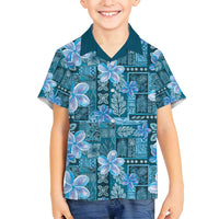 Cyan Hawaii Plumeria With Tropical Flowers Motifs Family Matching Long Sleeve Bodycon Dress and Hawaiian Shirt