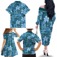 Cyan Hawaii Plumeria With Tropical Flowers Motifs Family Matching Off The Shoulder Long Sleeve Dress and Hawaiian Shirt