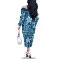Cyan Hawaii Plumeria With Tropical Flowers Motifs Family Matching Off The Shoulder Long Sleeve Dress and Hawaiian Shirt
