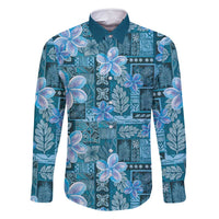 Cyan Hawaii Plumeria With Tropical Flowers Motifs Family Matching Summer Maxi Dress and Hawaiian Shirt LT14 Dad's Shirt - Long Sleeve Cyan - Polynesian Pride