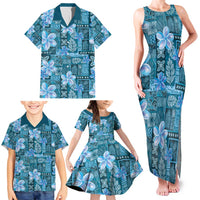 Cyan Hawaii Plumeria With Tropical Flowers Motifs Family Matching Tank Maxi Dress and Hawaiian Shirt