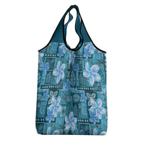 Cyan Hawaii Plumeria With Tropical Flowers Motifs Grocery Bag