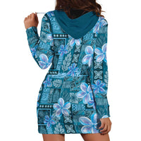 Cyan Hawaii Plumeria With Tropical Flowers Motifs Hoodie Dress