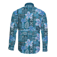 Cyan Hawaii Plumeria With Tropical Flowers Motifs Long Sleeve Button Shirt
