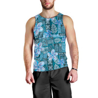 Cyan Hawaii Plumeria With Tropical Flowers Motifs Men Tank Top