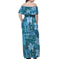 Cyan Hawaii Plumeria With Tropical Flowers Motifs Off Shoulder Maxi Dress