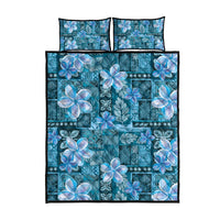 Cyan Hawaii Plumeria With Tropical Flowers Motifs Quilt Bed Set