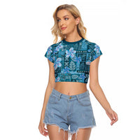 Cyan Hawaii Plumeria With Tropical Flowers Motifs Raglan Cropped T Shirt