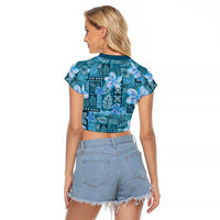 Cyan Hawaii Plumeria With Tropical Flowers Motifs Raglan Cropped T Shirt