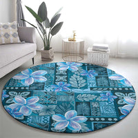 Cyan Hawaii Plumeria With Tropical Flowers Motifs Round Carpet
