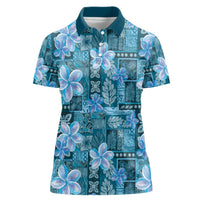 Cyan Hawaii Plumeria With Tropical Flowers Motifs Women Polo Shirt