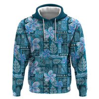 Cyan Hawaii Plumeria With Tropical Flowers Motifs Zip Hoodie