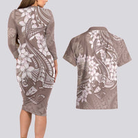 Polynesia Hammerhead Shark Tattoo With Plumeria Lei Couples Matching Long Sleeve Bodycon Dress and Hawaiian Shirt