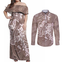 Polynesia Hammerhead Shark Tattoo With Plumeria Lei Couples Matching Off Shoulder Maxi Dress and Long Sleeve Button Shirt LT14 Mocha - Polynesian Pride