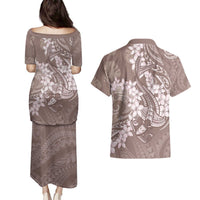 Polynesia Hammerhead Shark Tattoo With Plumeria Lei Couples Matching Puletasi and Hawaiian Shirt