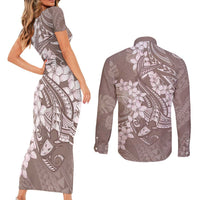 Polynesia Hammerhead Shark Tattoo With Plumeria Lei Couples Matching Short Sleeve Bodycon Dress and Long Sleeve Button Shirt