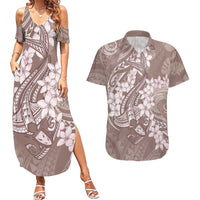 Polynesia Hammerhead Shark Tattoo With Plumeria Lei Couples Matching Summer Maxi Dress and Hawaiian Shirt LT14 Mocha - Polynesian Pride