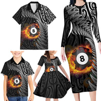 Personalised New Zealand Billiards Family Matching Long Sleeve Bodycon Dress and Hawaiian Shirt Maori Fern On Fire 8 Ball - Polynesian Pride
