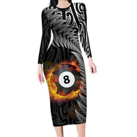 Personalised New Zealand Billiards Family Matching Long Sleeve Bodycon Dress and Hawaiian Shirt Maori Fern On Fire 8 Ball - Polynesian Pride