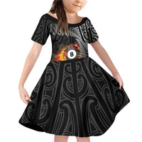 Personalised New Zealand Billiards Family Matching Off Shoulder Short Dress and Hawaiian Shirt Maori Fern On Fire 8 Ball - Polynesian Pride