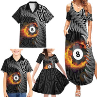 Personalised New Zealand Billiards Family Matching Summer Maxi Dress and Hawaiian Shirt Maori Fern On Fire 8 Ball - Polynesian Pride