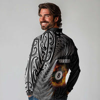 Personalised New Zealand Billiards Long Sleeve Polo Shirt Maori Fern On Fire 8 Ball - Polynesian Pride