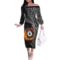 Personalised New Zealand Billiards Off The Shoulder Long Sleeve Dress Maori Fern On Fire 8 Ball - Polynesian Pride