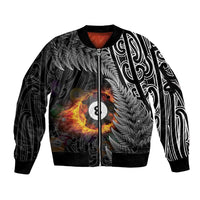 Personalised New Zealand Billiards Sleeve Zip Bomber Jacket Maori Fern On Fire 8 Ball - Polynesian Pride