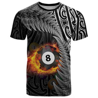 Personalised New Zealand Billiards T Shirt Maori Fern On Fire 8 Ball - Polynesian Pride