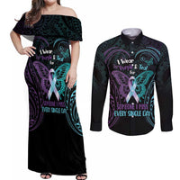 Suicide Awareness Memorial Couples Matching Off Shoulder Maxi Dress and Long Sleeve Button Shirt I Wear Purple and Teal For Someone I Miss - Polynesian Pride
