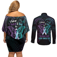 Suicide Awareness Memorial Couples Matching Off Shoulder Short Dress and Long Sleeve Button Shirt I Wear Purple and Teal For Someone I Miss - Polynesian Pride