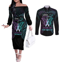 Suicide Awareness Memorial Couples Matching Off The Shoulder Long Sleeve Dress and Long Sleeve Button Shirt I Wear Purple and Teal For Someone I Miss - Polynesian Pride