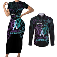 Suicide Awareness Memorial Couples Matching Short Sleeve Bodycon Dress and Long Sleeve Button Shirt I Wear Purple and Teal For Someone I Miss - Polynesian Pride